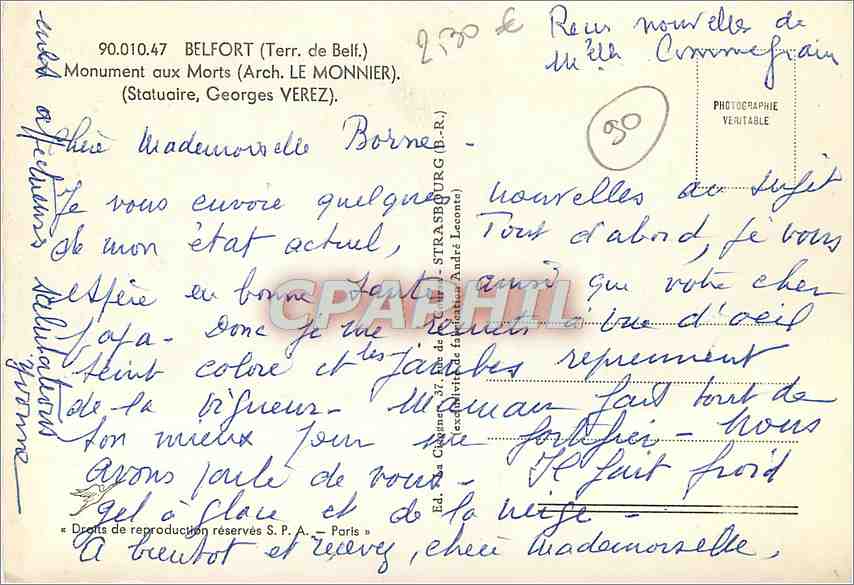 CPM Belfort Terr de Belf Monument aux Morts  — Verso