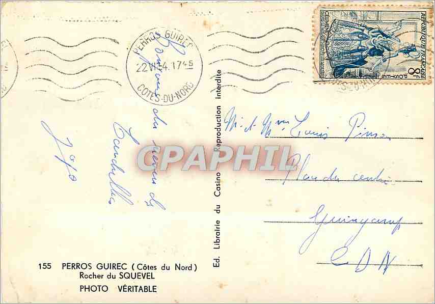 CPM Perros Guirec Cotes du Nord Rocher du Squevel  — Verso