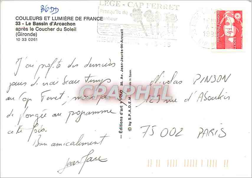 Le Bassin d'Arcachon — après le Coucher du Soleil — Éditions d'art d'après S.P.A.D.E.M. — Rückseite