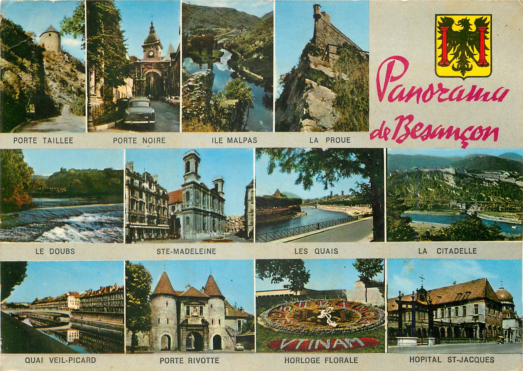CPM Panorama de Besancon Porte Taillee Porte Noire Ile Malpa La Proue 