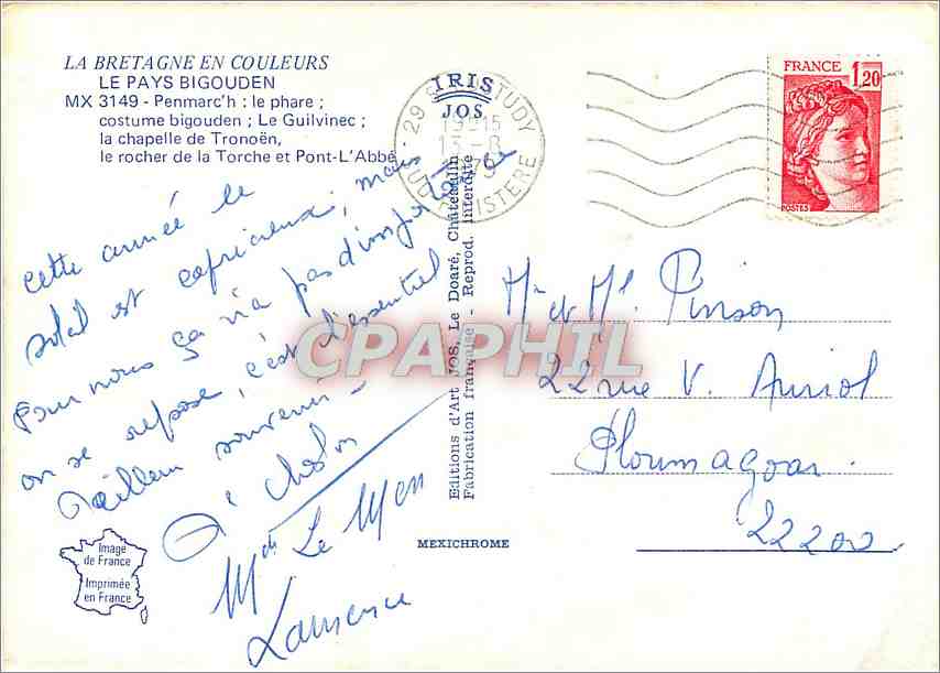 CPM La Bretagne en Couleurs Le Pays Bigouden Penmarch le Phare costume bigouden Le Guilvinec  — Rückseite