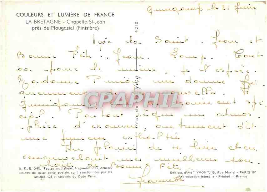 CPM La Bretagne Chapelle St Jean pres de Plougastel Finistere  — Verso