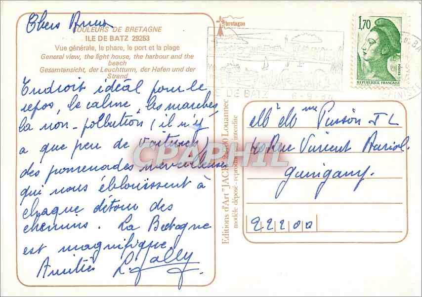 CPM Ile de Batz Gue generale le phare le port et la plage  — Rückseite
