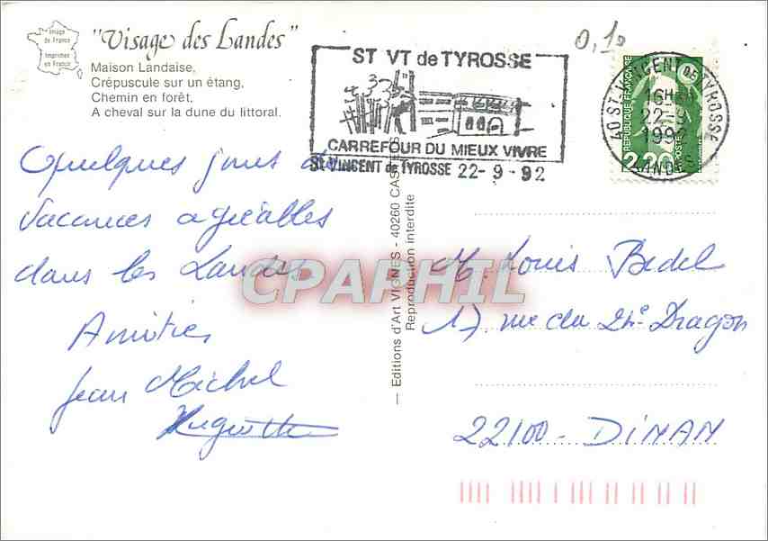 CPM Visage des Landes Maison Landaise Crepuscule sur un etang Chemin en foret  — Rückseite
