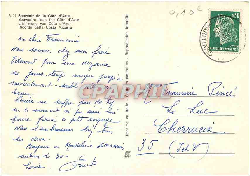 CPM Souvenir de la Cote d'Azur Nice Cannes Monaco Menton — Rückseite