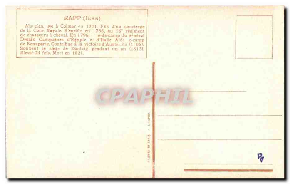CPA Rapp Jean Alsacien ne a Colmar 16erme regiment a cheval aide de camp Bonaparte Mort en 1821 — Rückseite