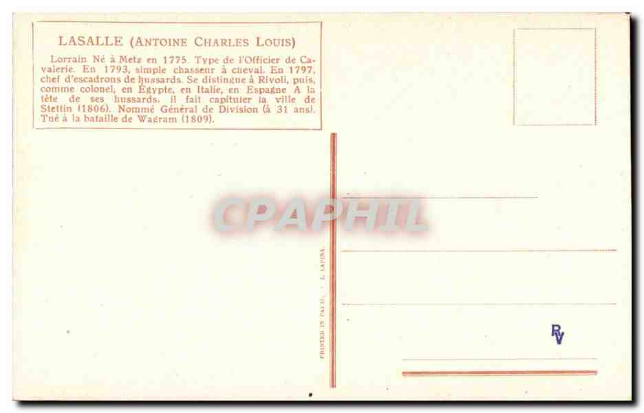 Antoine Charles Louis Lasalle — Kavallerieoffizier — Verlag L. Lafuma, gedruckt in Paris — Rückseite