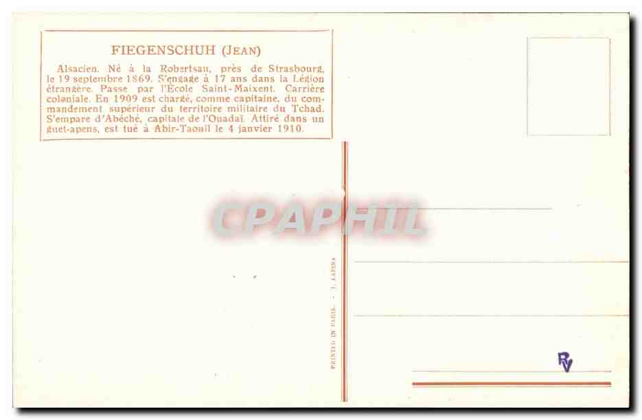 CPA Fiegenschuh Alsacien ne a Robetsau Legion etrangere Tchad MAroc Ouadai — Verso
