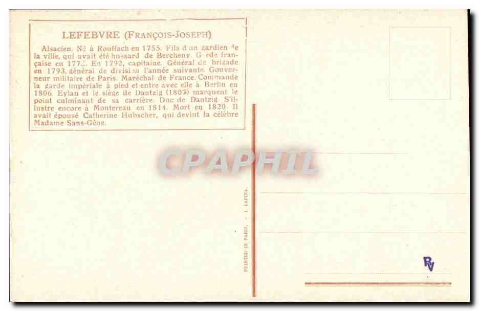 CPA Lefebvre Alsacien ne Rouffach Marechal de France Garde imperiale Duc de Dantzig Madame Saint Gene — Verso