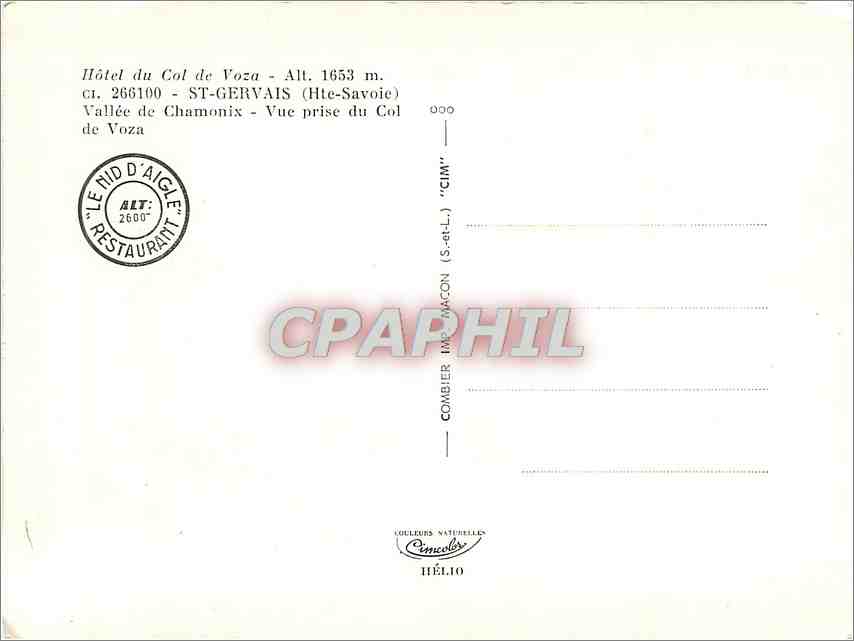 Vue du Col de Voza — Hôtel du Col de Voza, altitude 1653 m — Éditeur Héliio — Rückseite