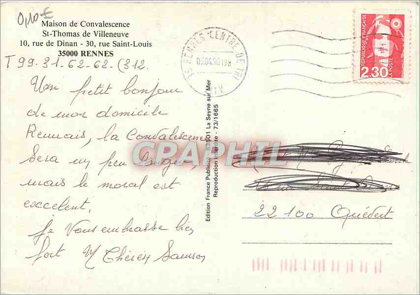 CPM Maison de Convalescense St Thomas de Villeneuve rue de Dinan rue Saint Louis Rennes  — Rückseite
