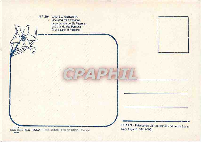 CPM Valls d'Andorra Lac grande des Pessons  — Rückseite