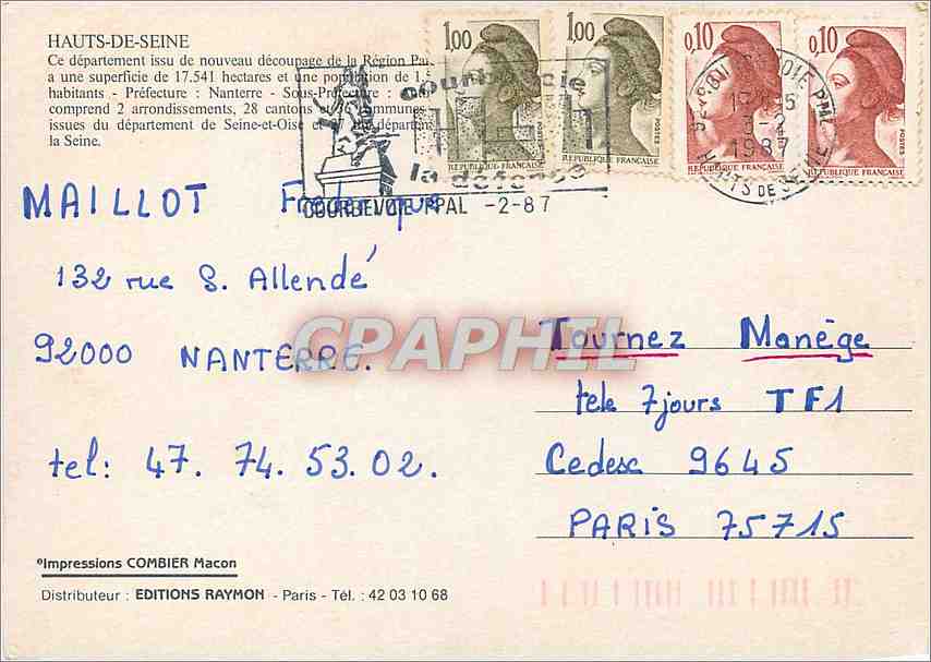 CPM Hauts de Seine Ce departement issu de nouveau decoupage de la Region Boulogne Levallois Perret C — Rückseite