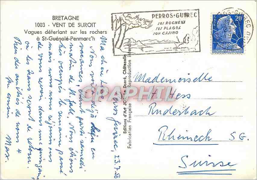 CPM Bretagne Vent de Suroit Vagues deterlant sur les roches a St Guenole Penmarch  — Rückseite