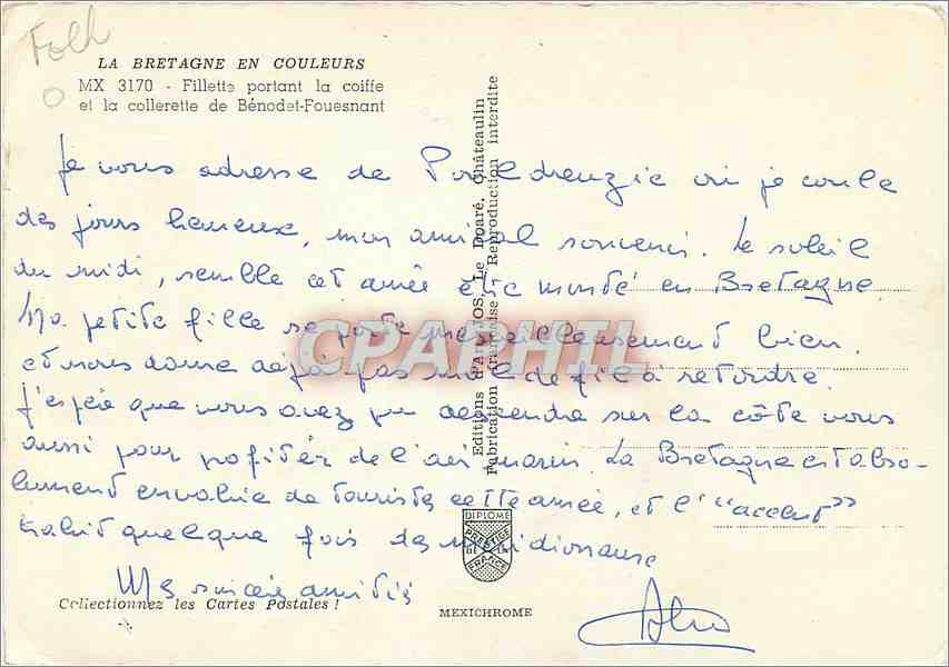 CPM La Bretagne en Couleurs Filletts portant la coiffe et la collerette de Benodet Fouesnant  — Rückseite