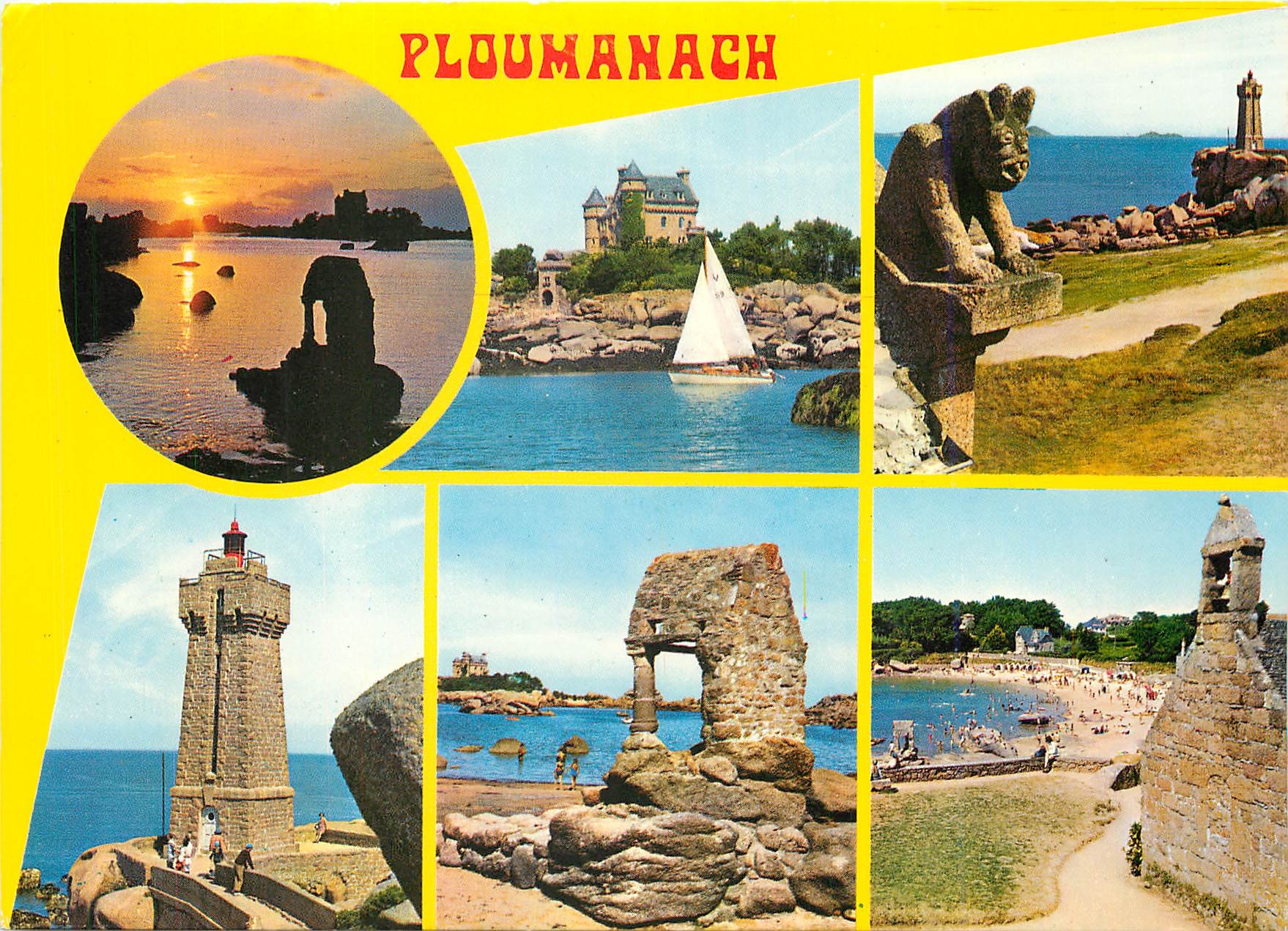 CPM Ploumanach La crique de St Guirec au couchant le chateau de Costadres le phare l'orstaire et la 