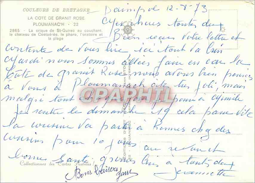 CPM Ploumanach La crique de St Guirec au couchant le chateau de Costadres le phare l'orstaire et la  — Rückseite