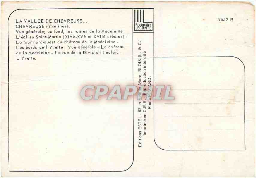 Chevreuse — vue générale, église Saint-Martin, château de la Madeleine, rue de la Division Leclerc — Éditeur Estel, n° 19652 R — Verso