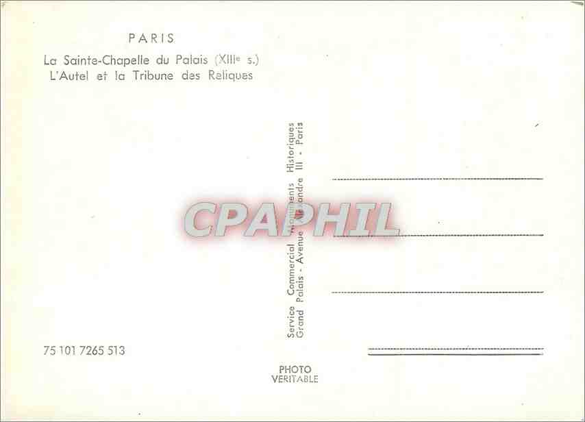 CPM Paris La Sainte Chapelle du Palais L'Autel et la Tribune des Reliques  — Rückseite