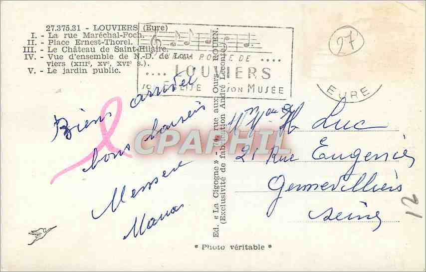 Louviers — vue panoramique — Éd. « La Cigogne » — Rückseite