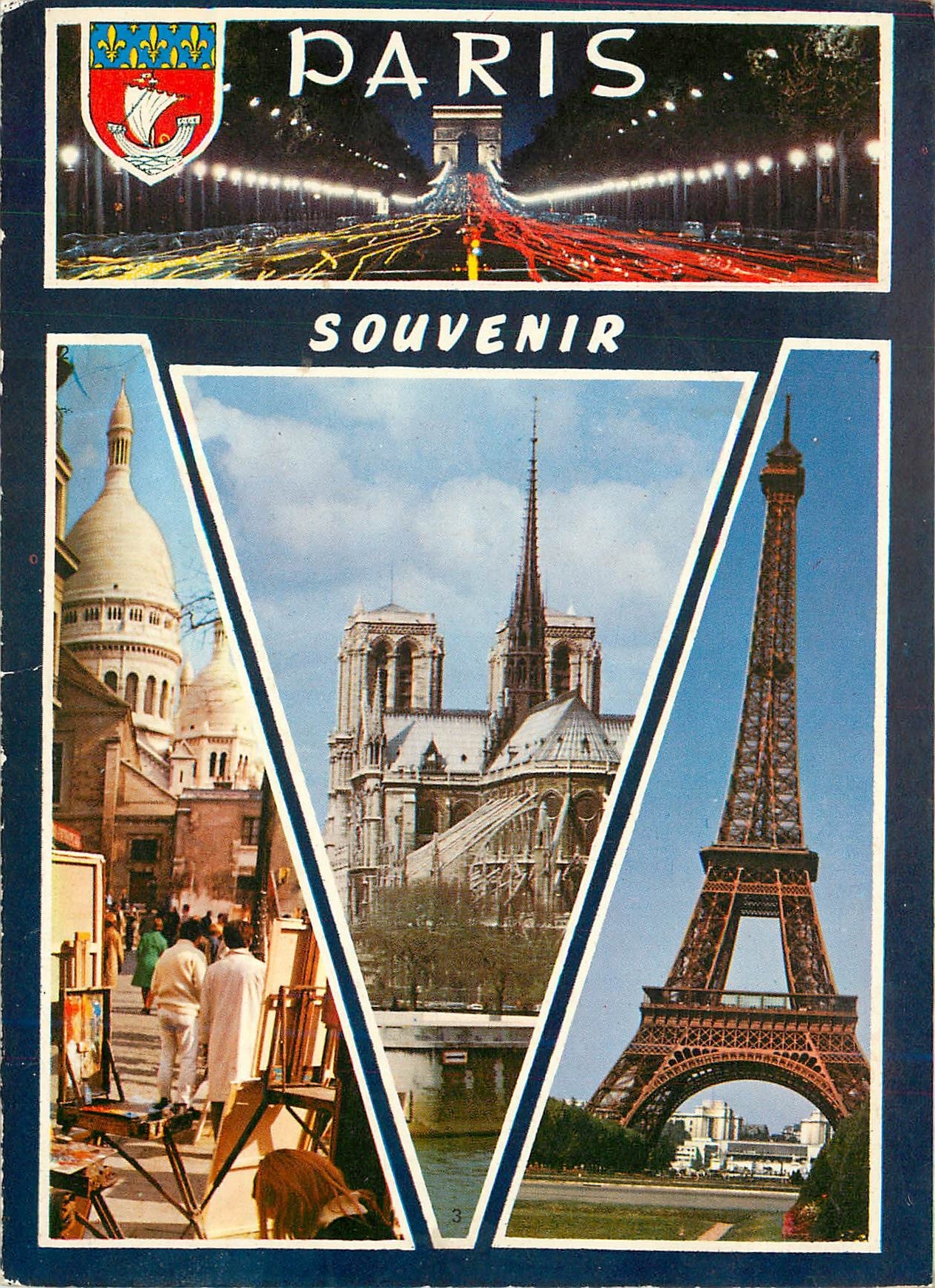 CPM Paris Les Champs Elyseese la nuit La Place du Tertre et le Sacre Coeur Notre Dame La Tour Eiffel