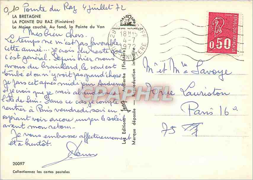 CPM La Pointe du Raz Finistere Le Moine couche Au fond la Pointe du Van  — Rückseite