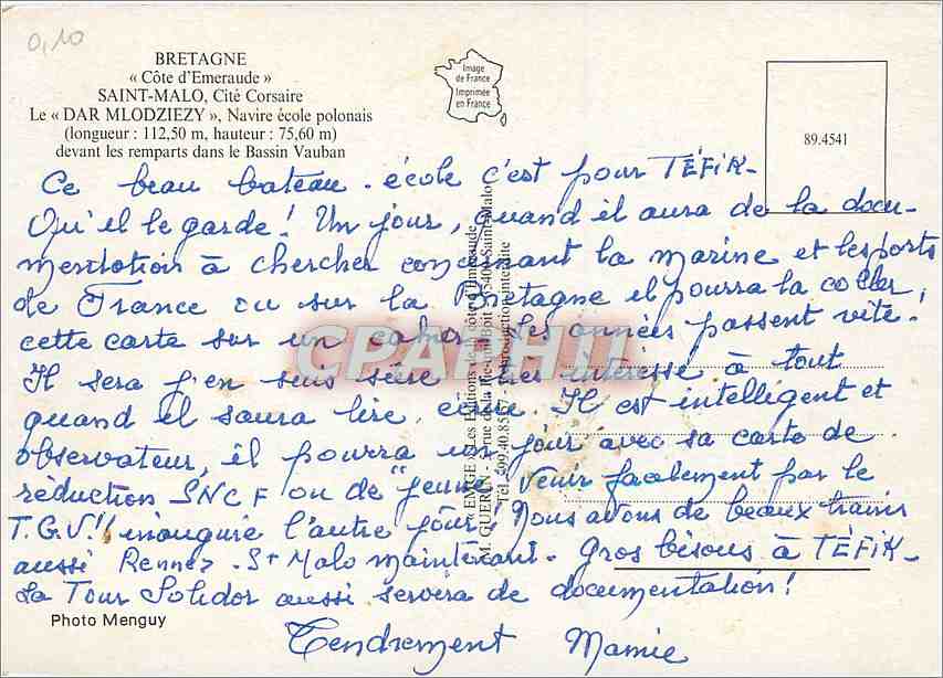 CPM Saint Malo Cite Corsaire Le Dar Mlodziezy Navire ecole polonais  — Rückseite