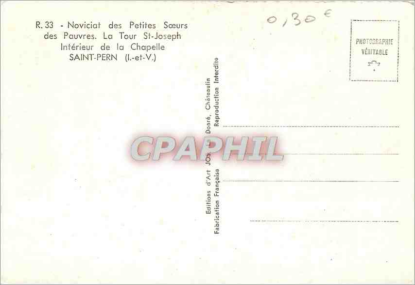 CPM Noviciat des Petites Soeurs des Pauvres La Tour St Joseph Interieur de la Chapelle Saint Pern I  — Rückseite