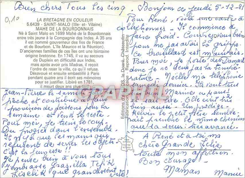 CPM Saint Malo Ille et Vilaine Mahe de la Bourdonnais  — Rückseite