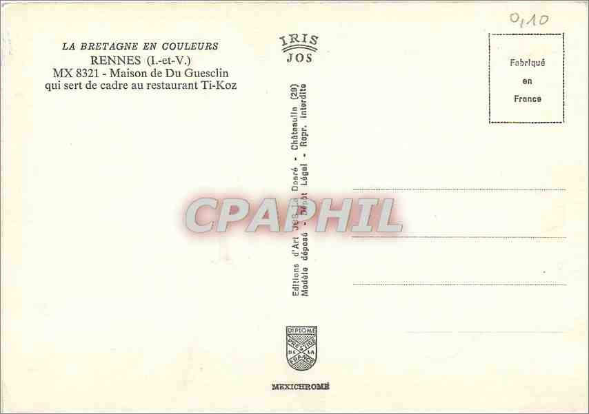 CPM Rennes I et V Maison de Du Gueselin qui sert de cadre au restaurant Ti Koz  — Rückseite