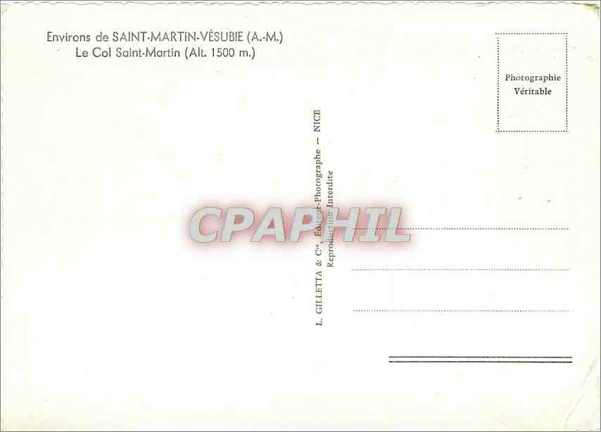 Le Col Saint-Martin — Environ de Saint-Martin-Vésubie (A.M.) — L. Gillelta & Cie, NICE — Rückseite