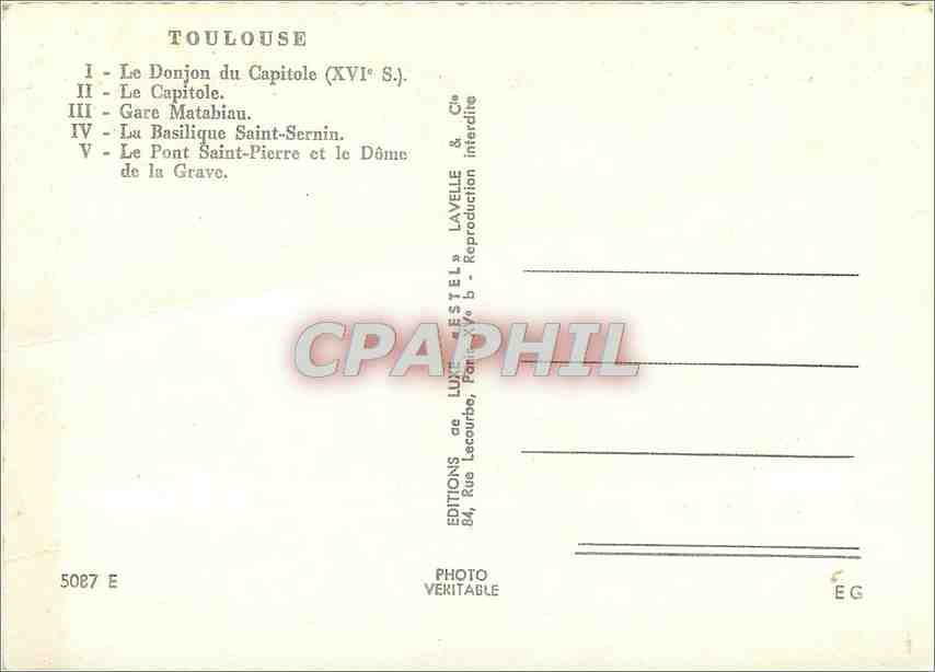Toulouse — vue panoramique avec les monuments principaux — Éditions Lavelle, n° 5087 E — Verso