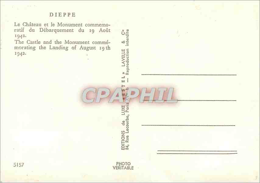CPM Dieppe Le Chateau et le Monument commemoratif du Debarquement du 19 Aout 1942  — Rückseite
