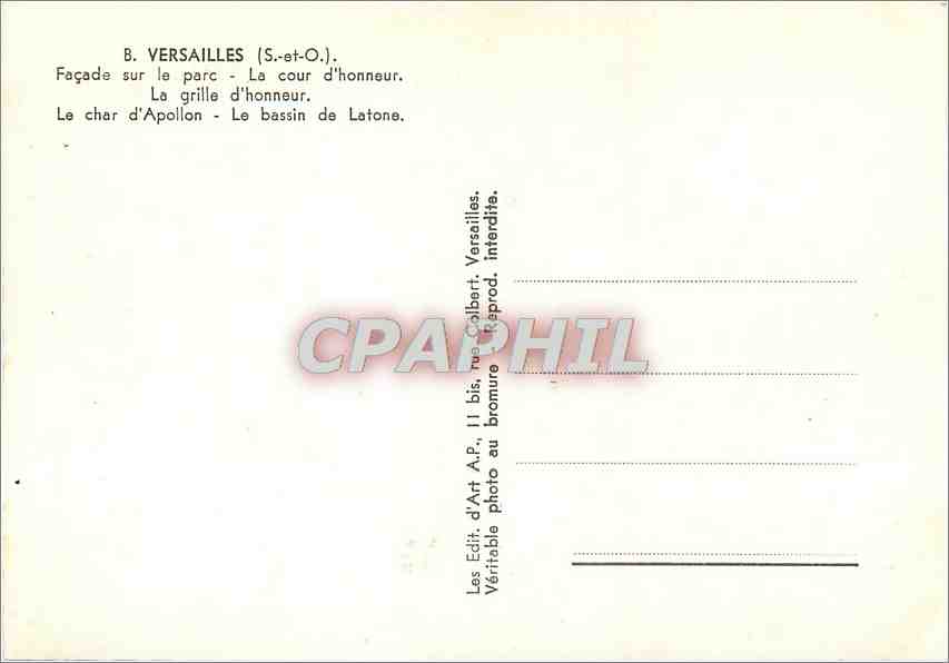 CPM Versailles S et O Facade sur le parc La cour d'honneur  — Verso