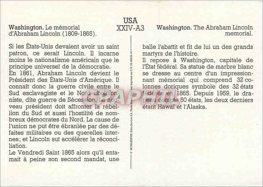 CPM USA Washington Le memorial d'Abraham Lincoln  — Rückseite