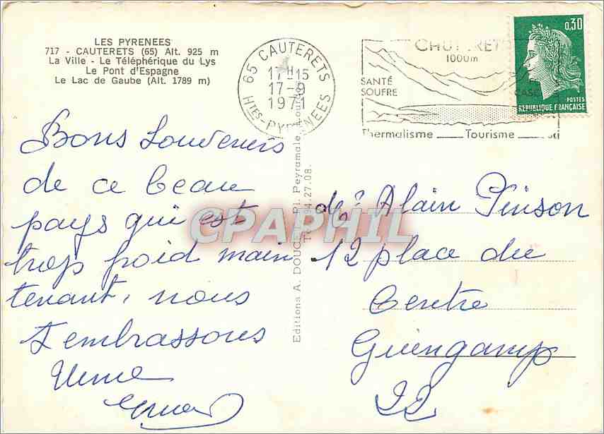 CPM Cauterets La Ville Le Telepherique du Lys Le Pont d'Espagne Le lac de Gaube  — Verso