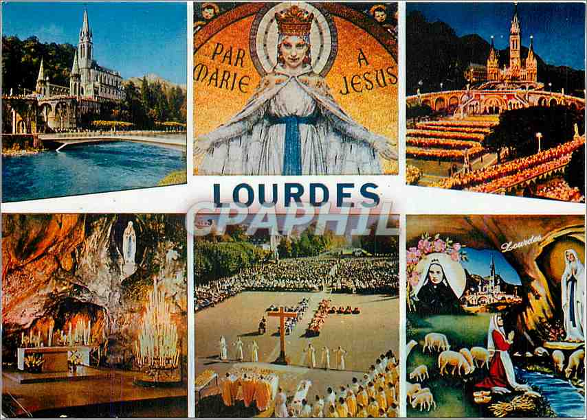 CPM Lourdes La Basilique la Vierge du Rosaire La Grotte Chemin de Croix L'Apparition 