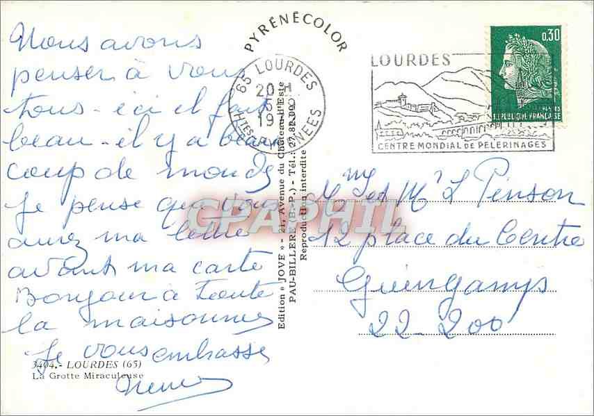CPM Lourdes La Grotte Miraculeuse  — Verso