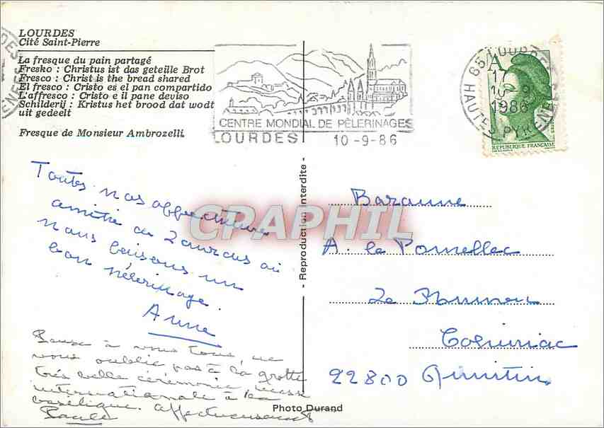 CPM Lourdes Cite Saint Pierre La fresque du pain partage  — Verso