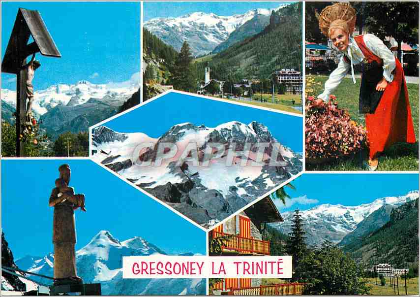 CPM Gressoney La Trinite Angolo pittoresco Panorama Costume Madonnina del Polluce 