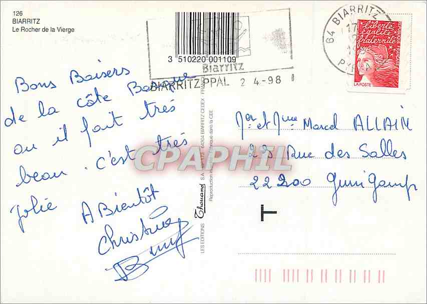 CPM Biarritz Le Rocher de la Vierge  — Verso