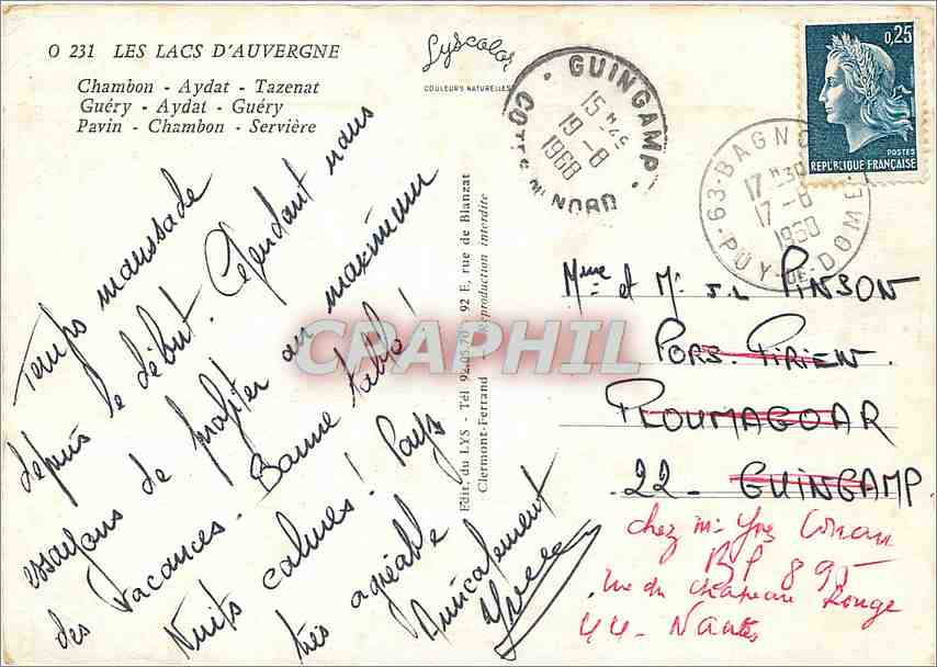 CPM Les Lacs d'Auvergne Chambon Aydat Tazenat Guery  — Back