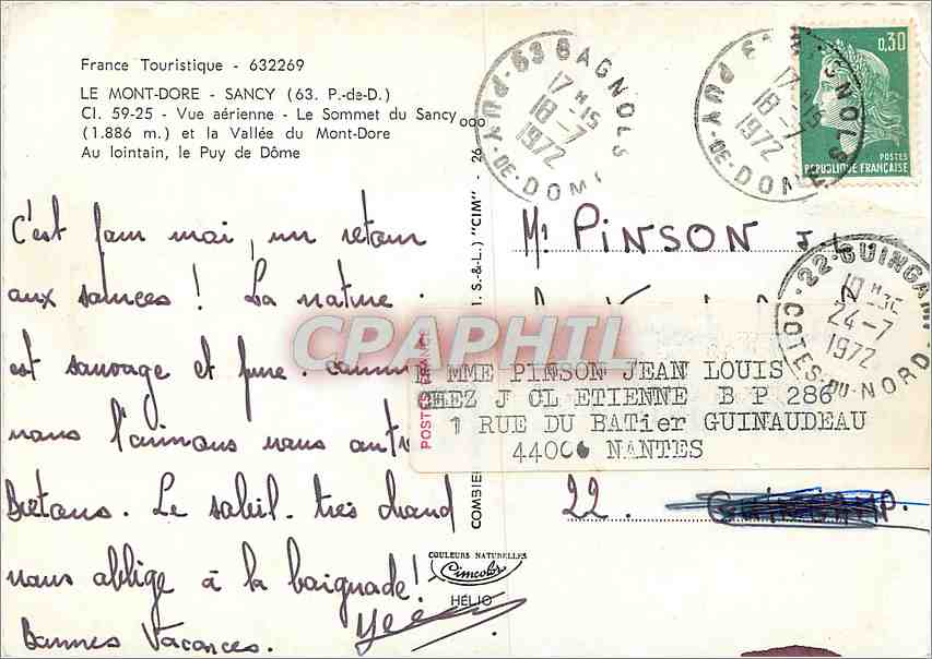 CPM Le Mont Dory Sancy Vue aerienne Le Sommet du Sancy et la Vallee du Mont Dore  — Verso