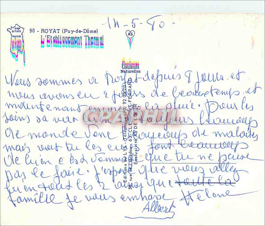 CPM Royat Puy de Dome L'Etablissement Thermal  — Rückseite