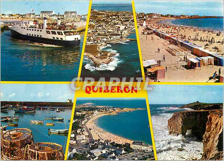CPM Presqu'ile de Quiberon Le courriere de Belle Ile la Plage le Pont Marche la place Hoche et l'arc