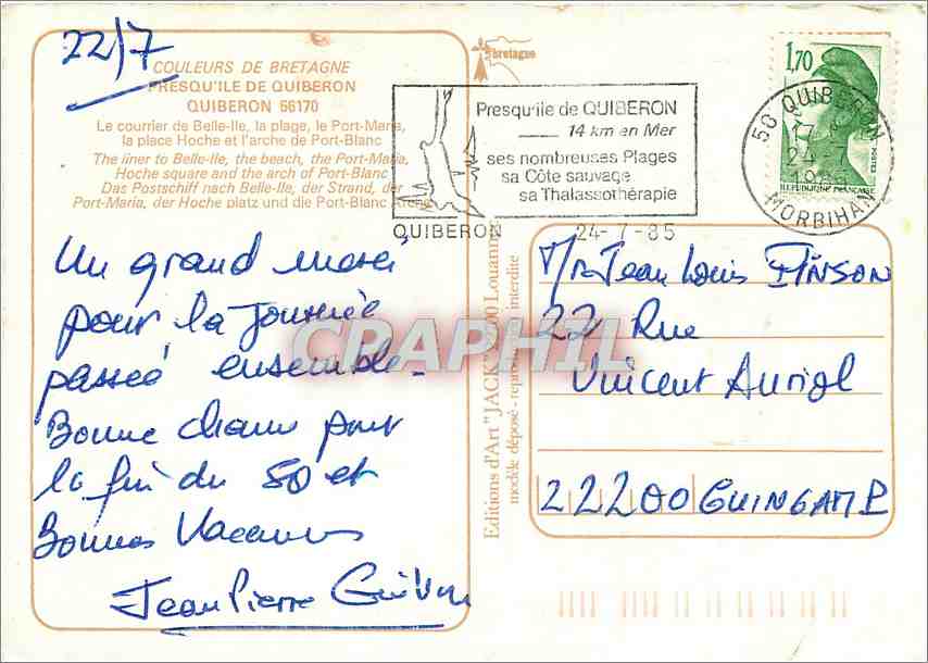 CPM Presqu'ile de Quiberon Le courriere de Belle Ile la Plage le Pont Marche la place Hoche et l'arc — Rückseite