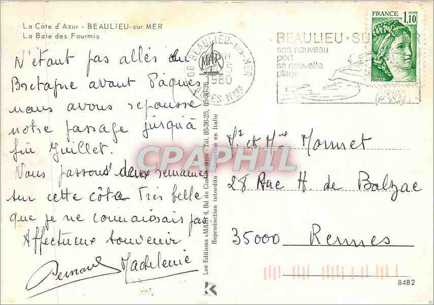 CPM La Cote d'Azur Beaulieu sur Mer La Baie des Fourmis  — Rückseite