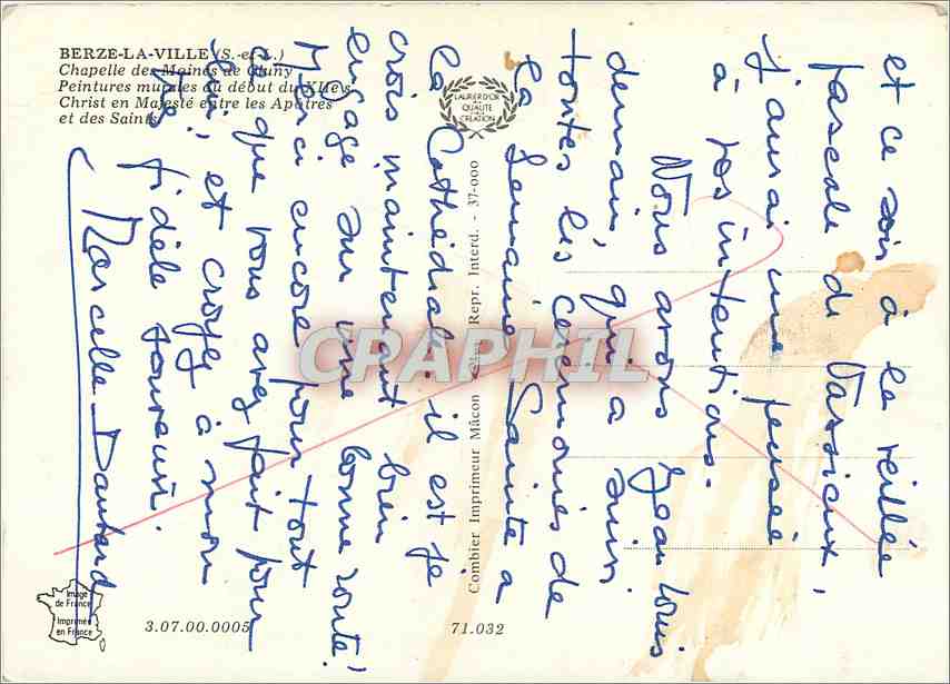 CPM Berze la Ville Chapelle des Maines de Cluny  — Rückseite
