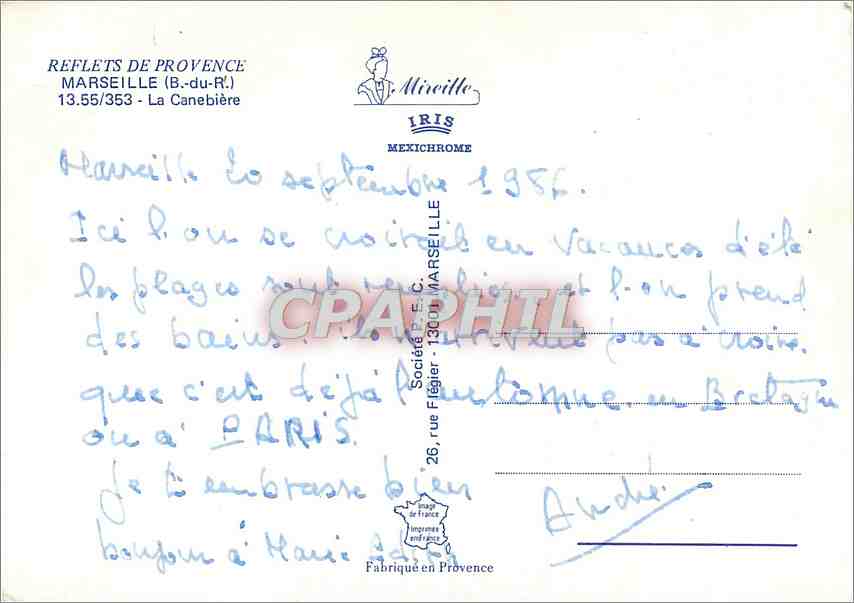 Vue de la rue de la Canebière à Marseille — éditeur IRIS, n° 13.55/353 — Verso