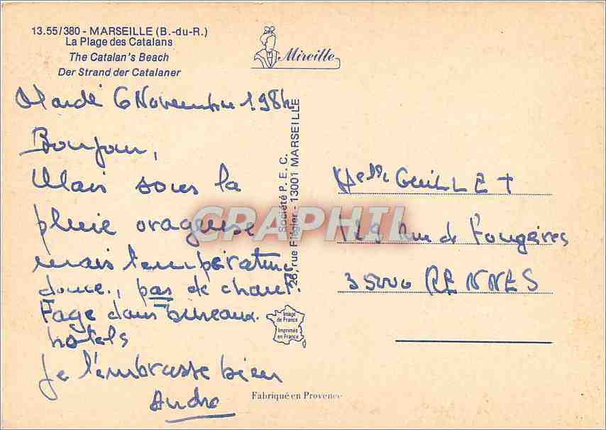 CPM Marseille B du R La Plage des Catalans  — Verso